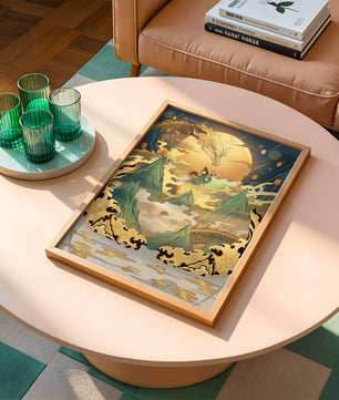 Mythical dragon and warrior painting with golden elements against a mountainous landscape