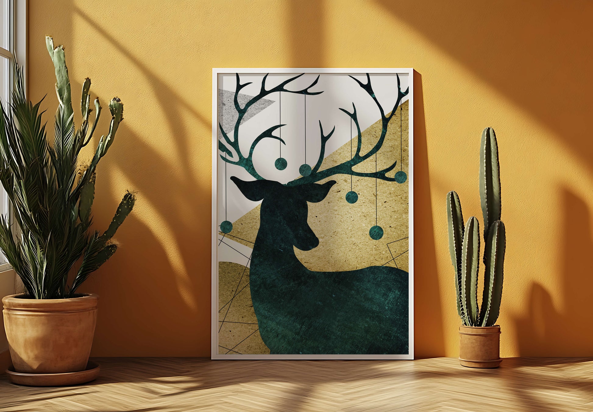 Silhouette of a Deer with Abstract Gold and Green Background