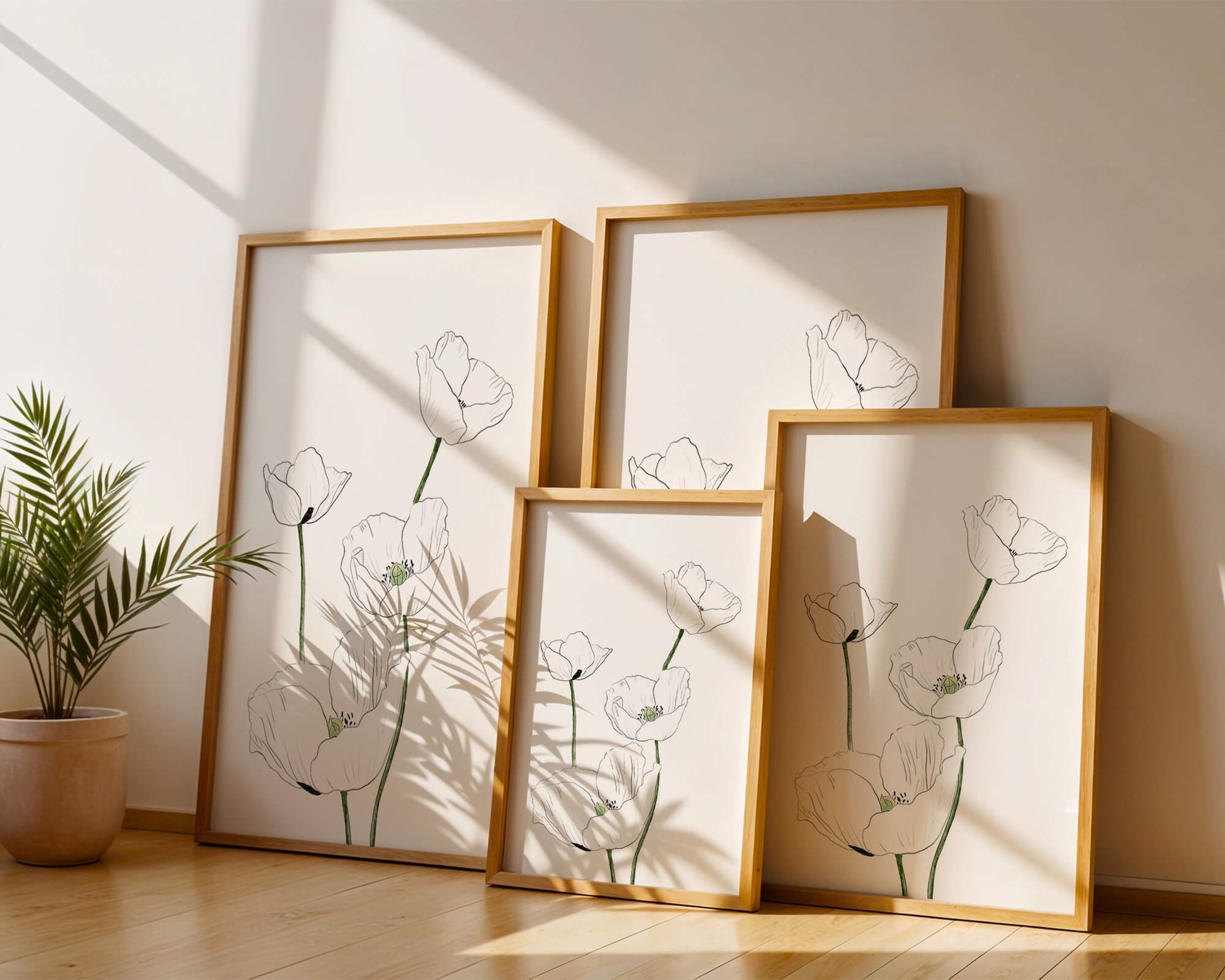 Zarte florale Linienzeichnung mit weißen Mohnblumen auf sauberem Hintergrund