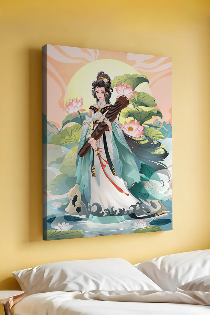 Elegant woman with traditional clothing and musical instrument in serene nature setting