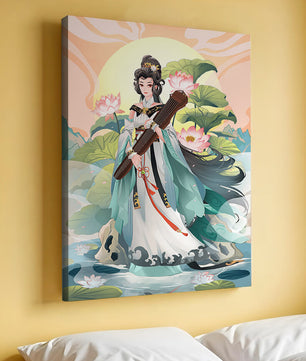 Elegant woman with traditional clothing and musical instrument in serene nature setting