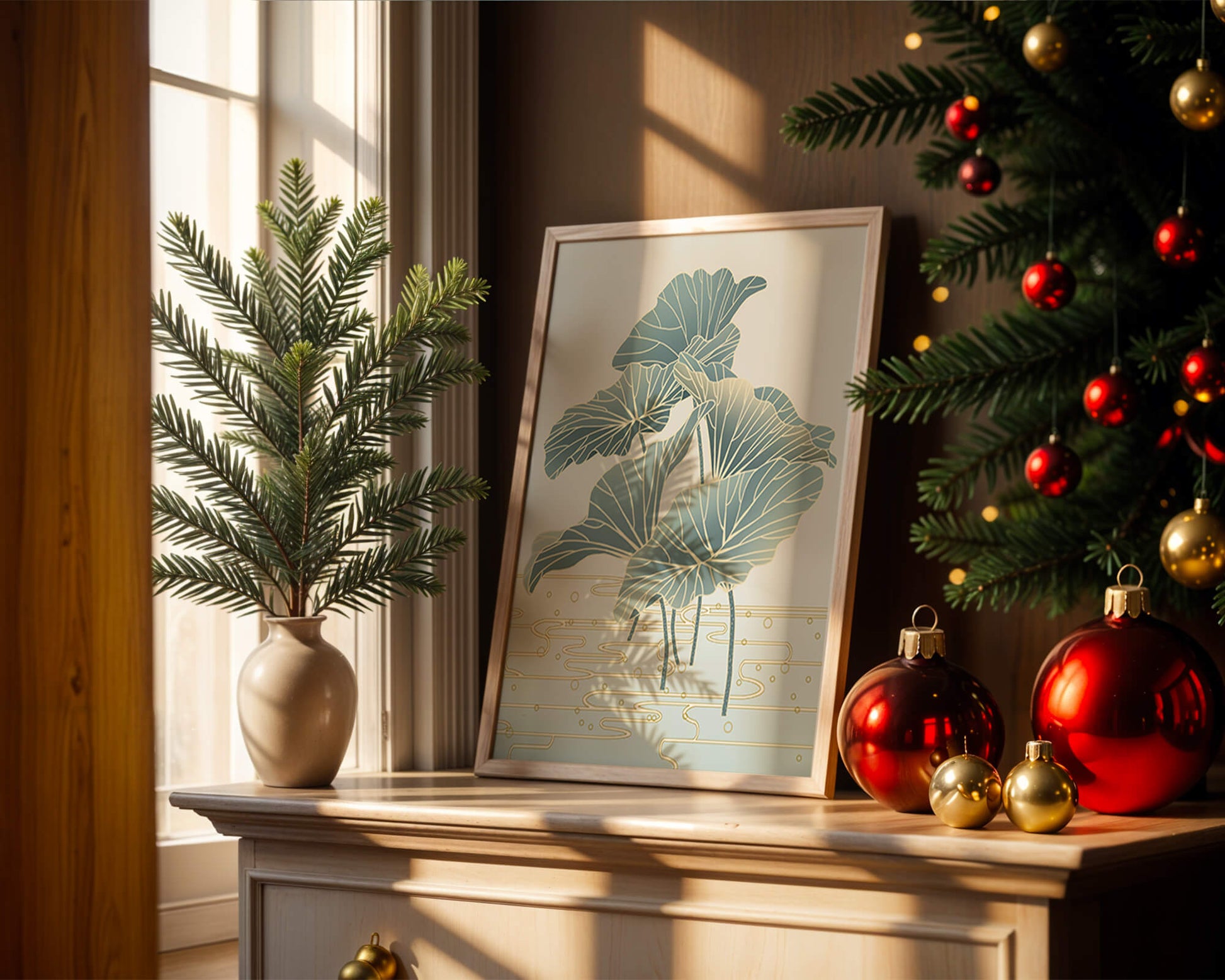 Elegant botanical illustration featuring large leaves with golden accents