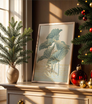 Elegant botanical illustration featuring large leaves with golden accents