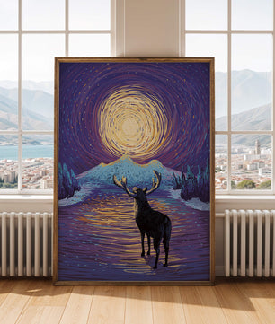 Moose Under Starry Night Sky with Radiant Moon
