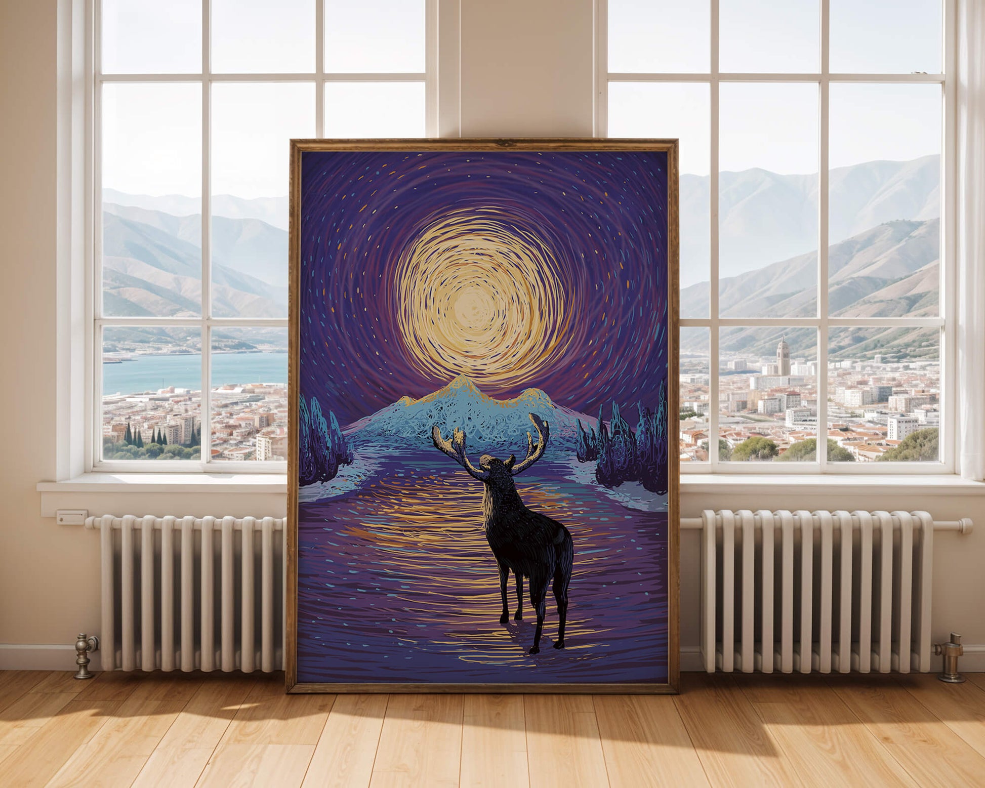 Moose Under Starry Night Sky with Radiant Moon