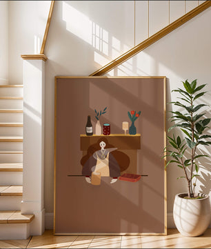 Escena acogedora con mujer junto a la chimenea y elementos decorativos