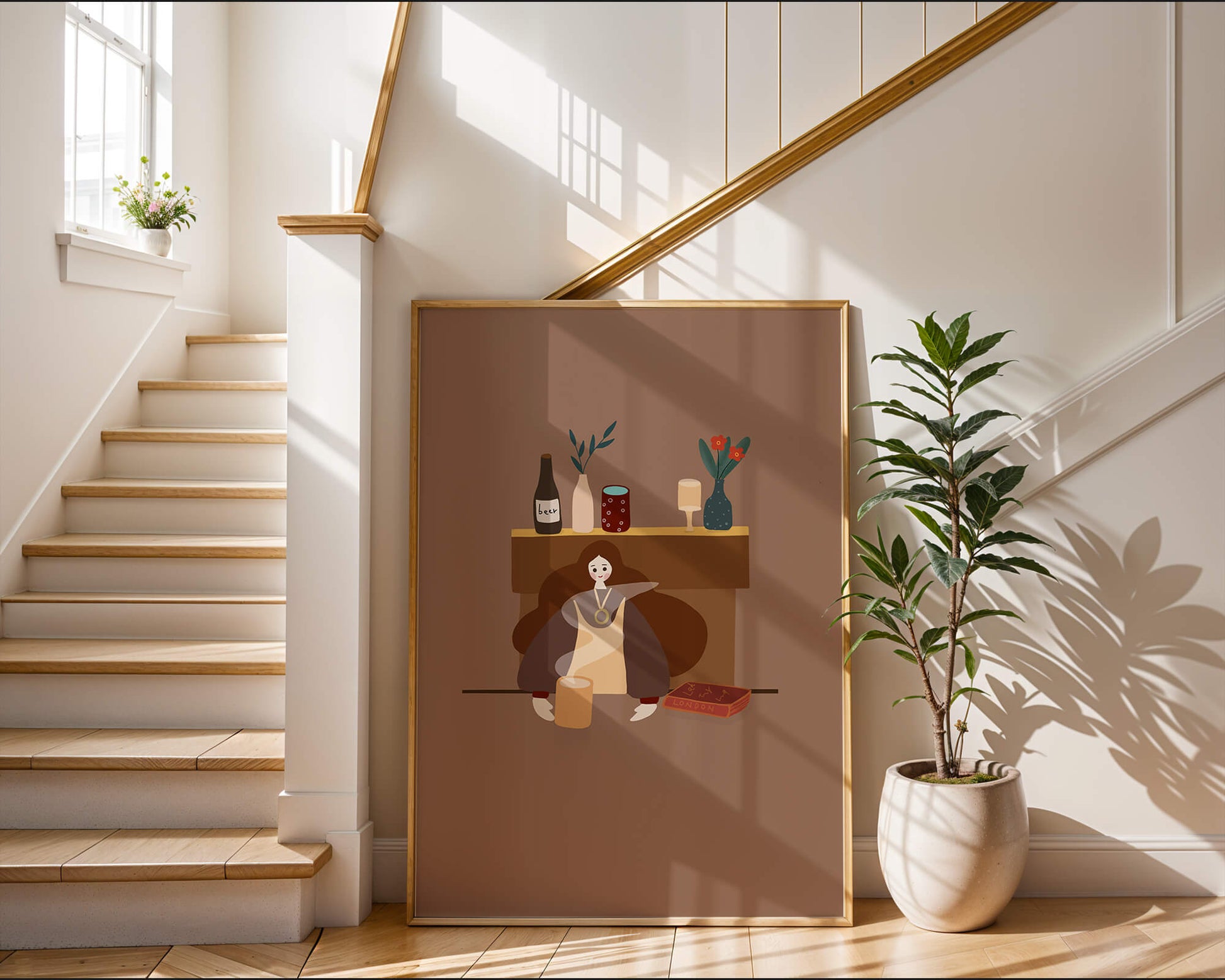 Escena acogedora con mujer junto a la chimenea y elementos decorativos