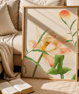 Serene Lotus Flower with Sun in Minimalist Natural Setting - Mi tienda