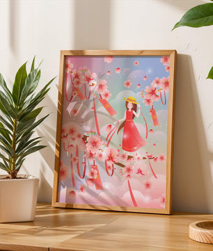 Scène printanière sereine avec des cerisiers en fleurs et une fille portant un chapeau