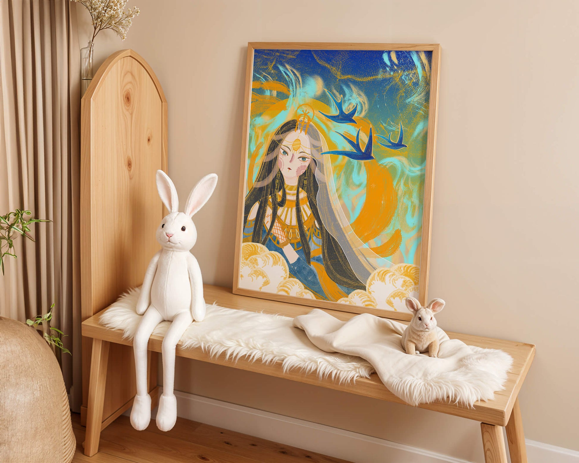 Majestic Goddess with Birds and Golden Elements in Mystical Setting