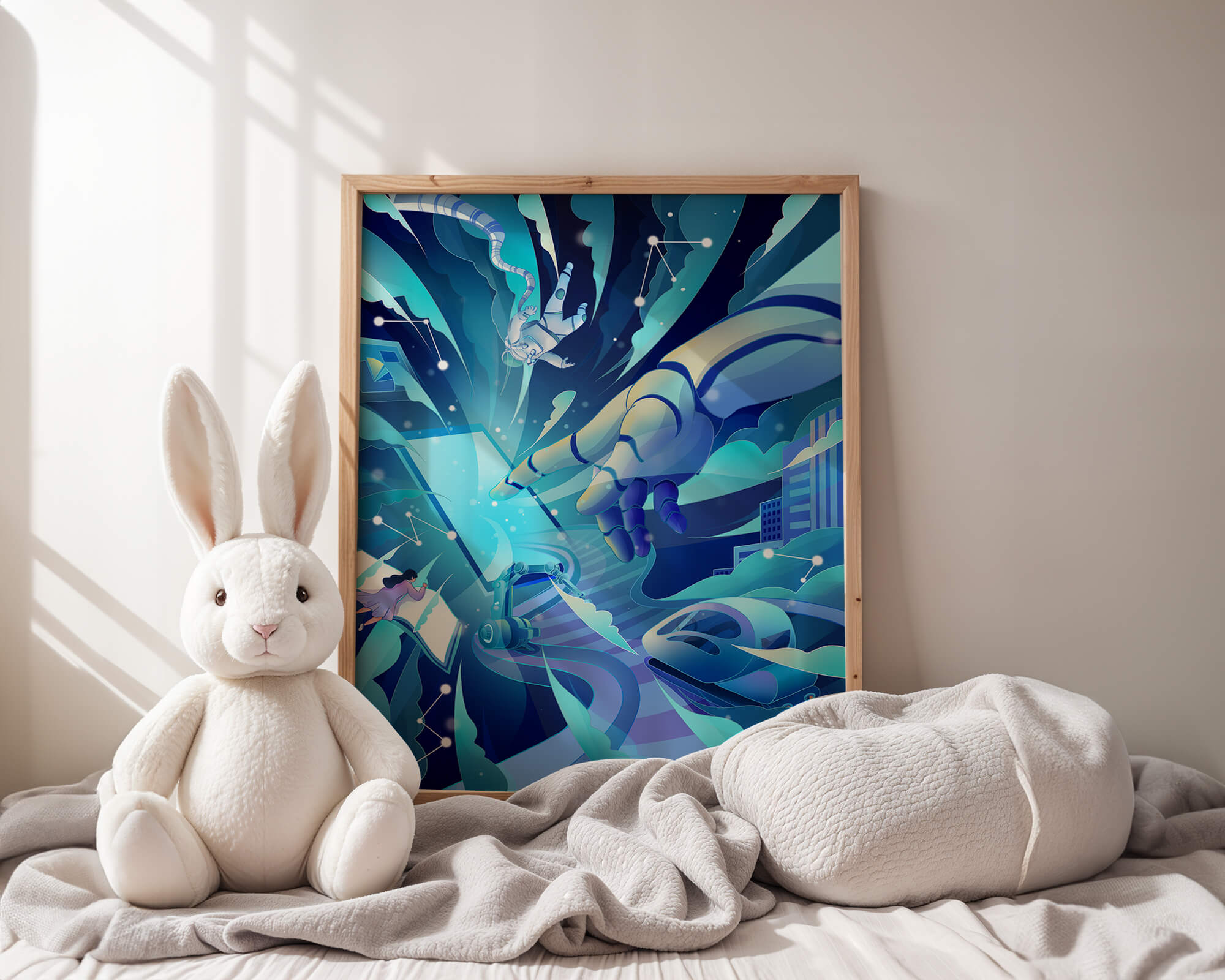 Futuristic digital artwork featuring astronaut and robotic hand in vibrant blue tones