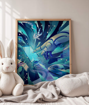 Futuristische digitale Kunst mit Astronaut und Roboterhand in lebhaften Blautönen
