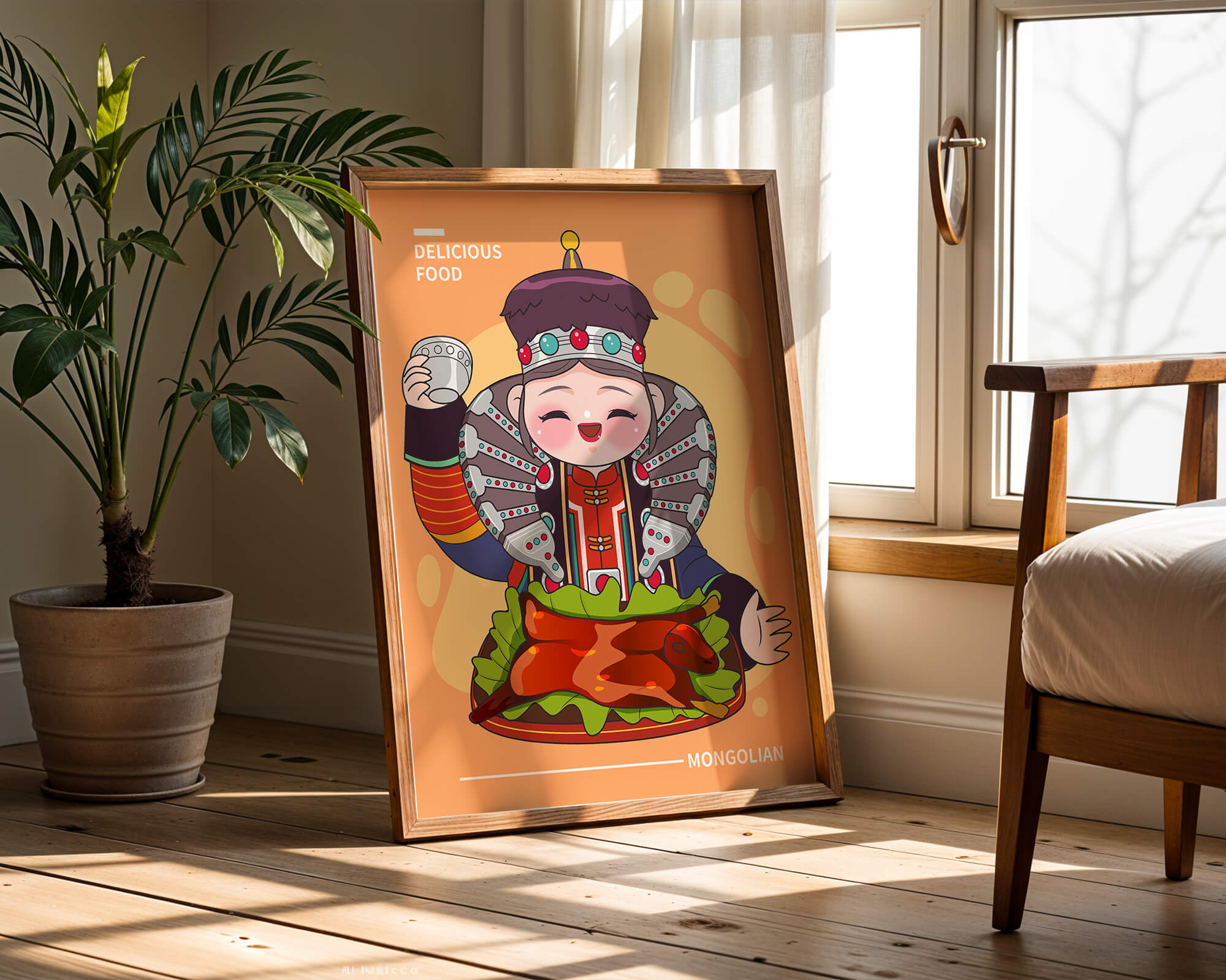 Cartoon character in traditional Mongolian attire with food