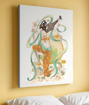 Elegant depiction of an Asian-inspired musician with floral and ribbon motifs