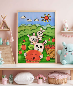 Illustration de lapins espiègles avec des carottes dans un champ ensoleillé