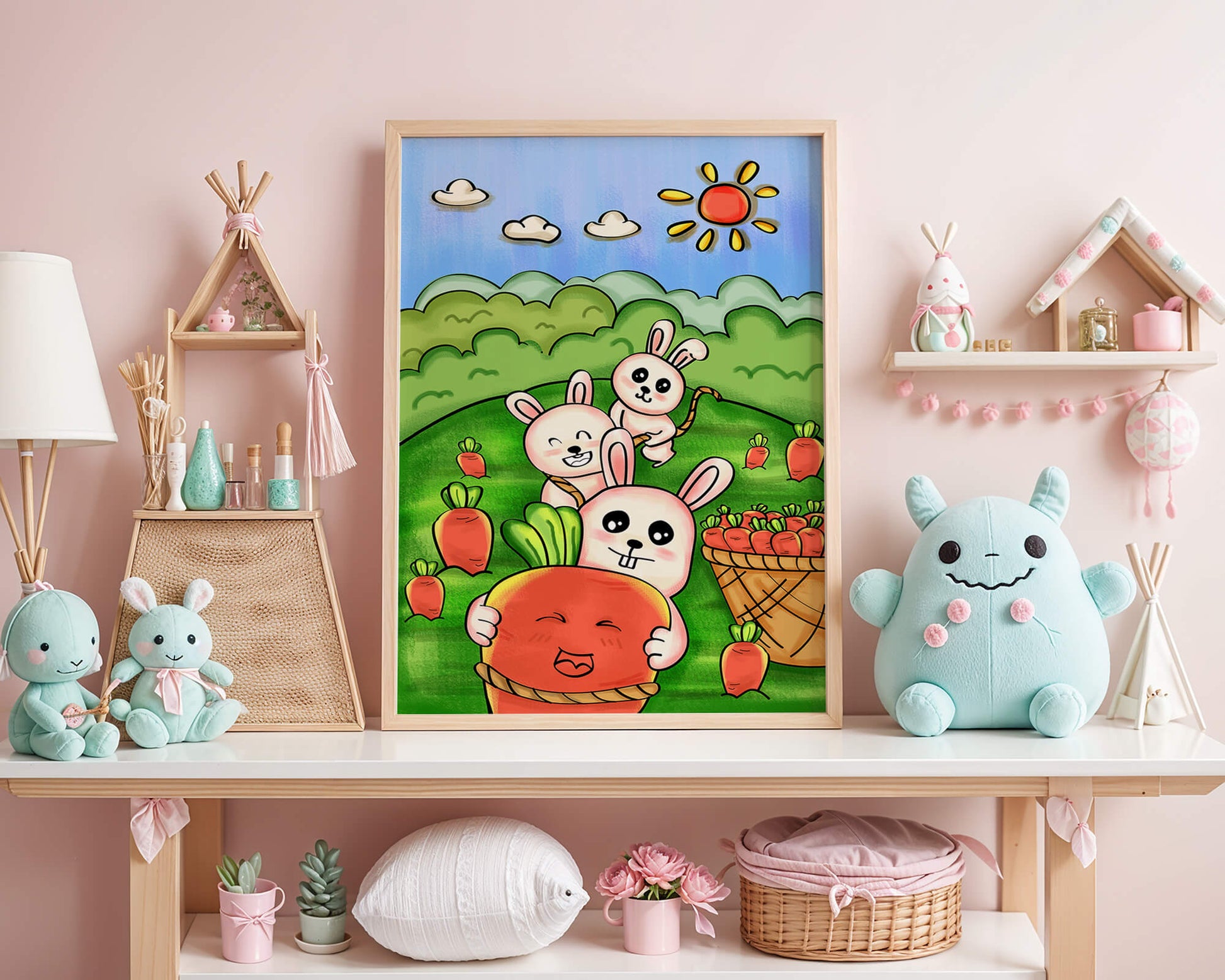 Illustration de lapins espiègles avec des carottes dans un champ ensoleillé