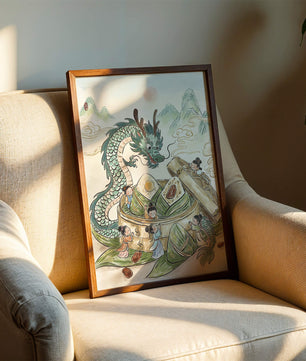 Dragon and Steamed Dumplings with Children in a Mountainous Landscape