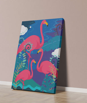 Colorful illustration of flamingos in a tropical setting
