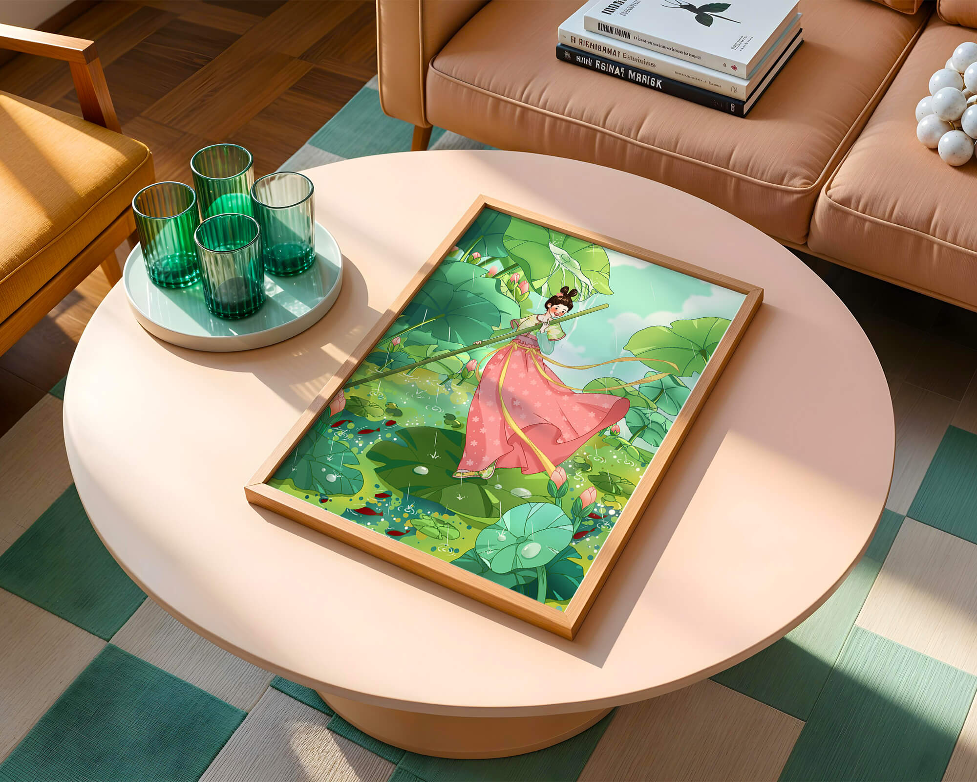 A whimsical scene of a girl in traditional dress among vibrant lotus leaves