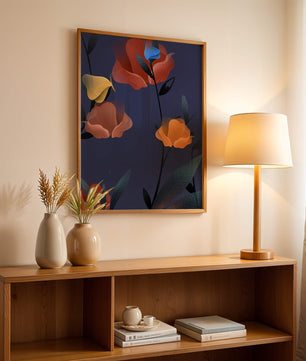 Abstract Floral Illustration with Colorful Flowers on Dark Background