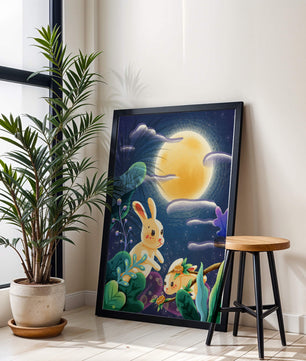 Charming illustration of rabbits under a full moon in a vibrant night garden