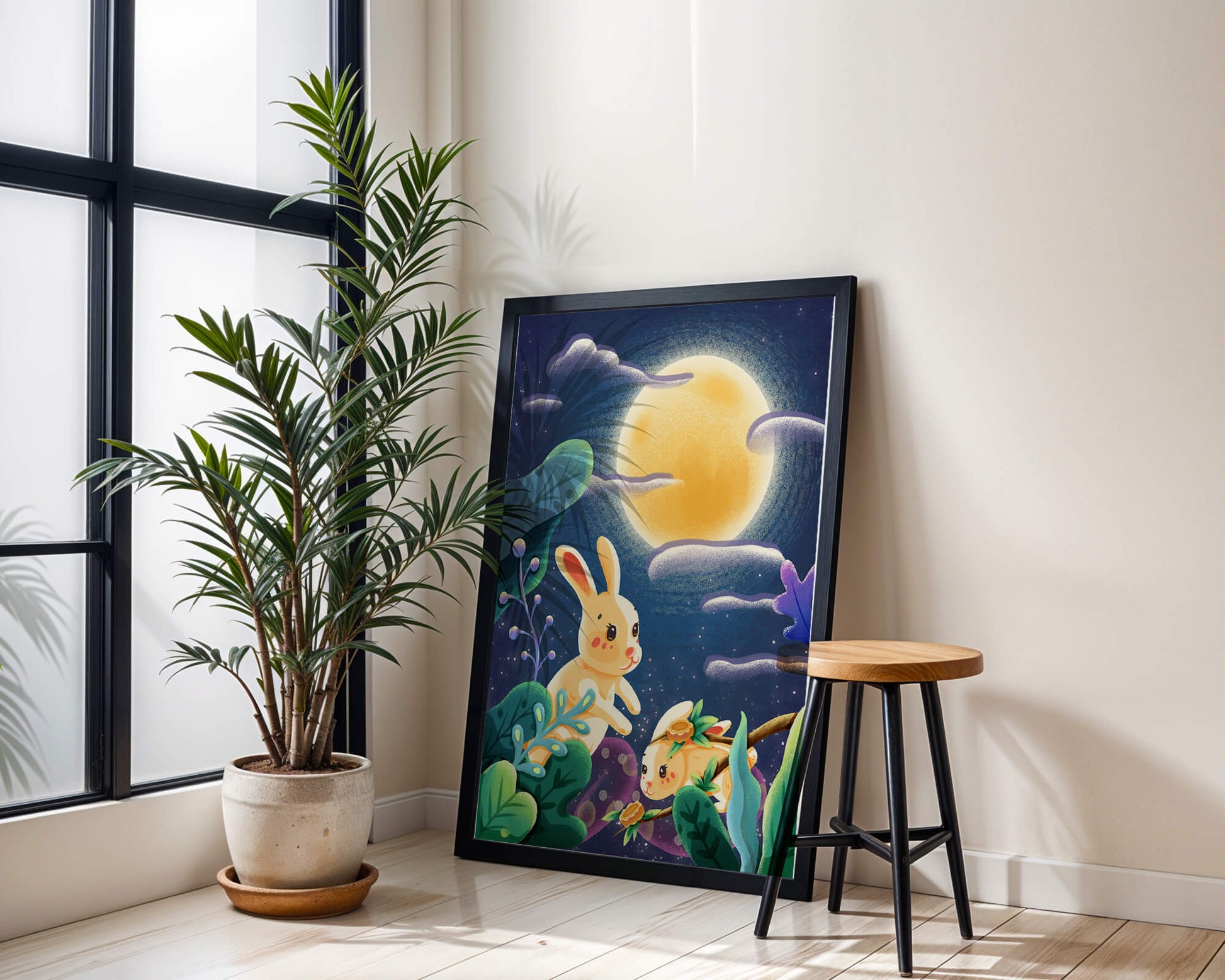 Charming illustration of rabbits under a full moon in a vibrant night garden