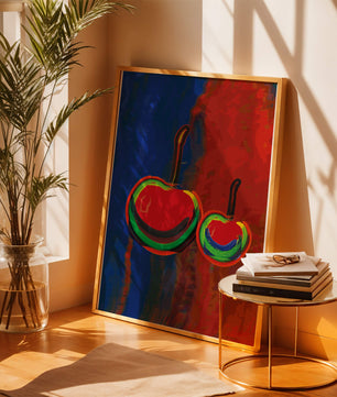 Pintura abstracta de cerezas con colores vibrantes