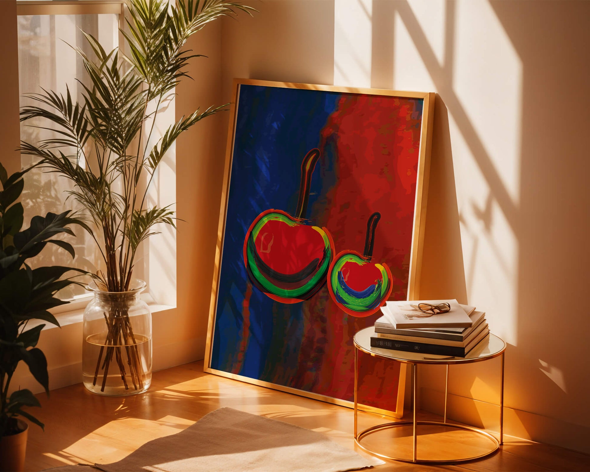 Pintura abstracta de cerezas con colores vibrantes.