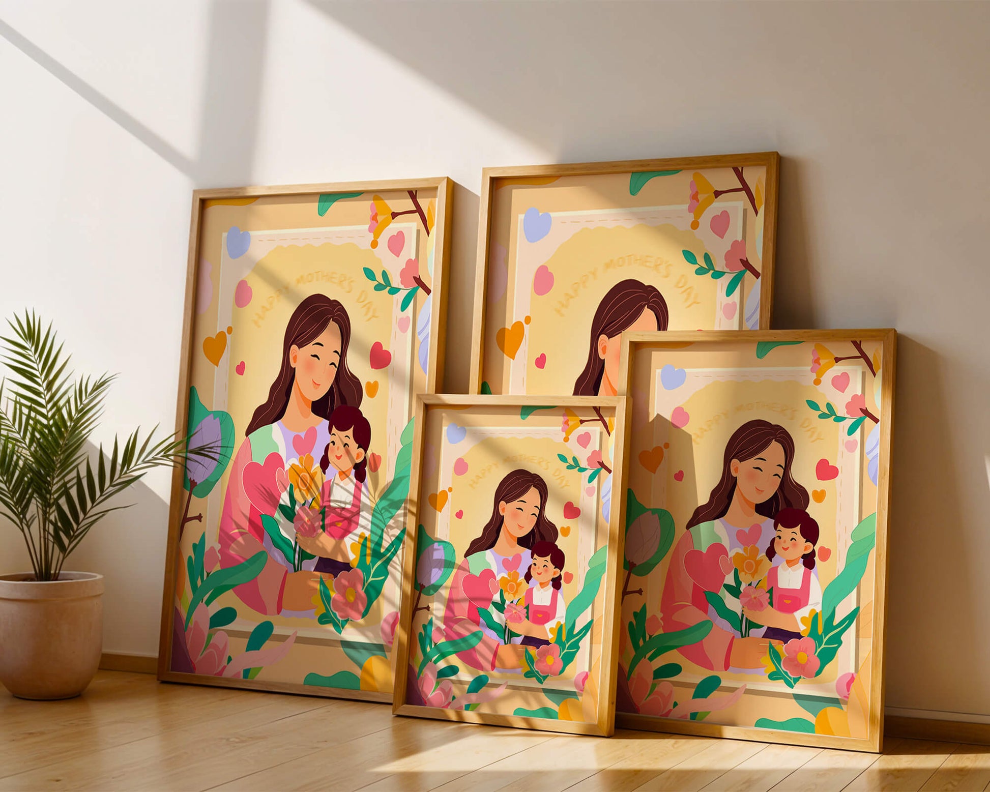 Illustration of mother and daughter with flowers for Mother's Day