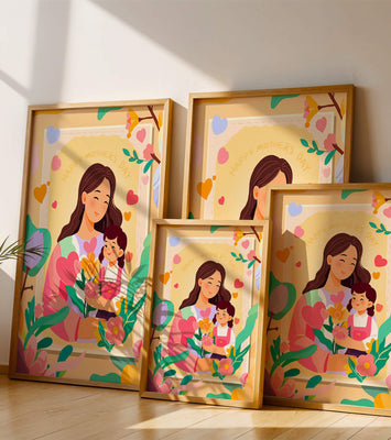 Illustration of mother and daughter with flowers for Mother's Day