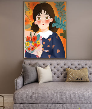 Ilustración encantadora de una chica con flores y corazones