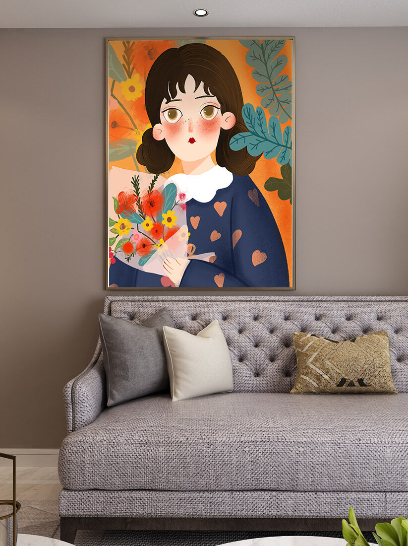 Ilustración encantadora de una chica con flores y corazones