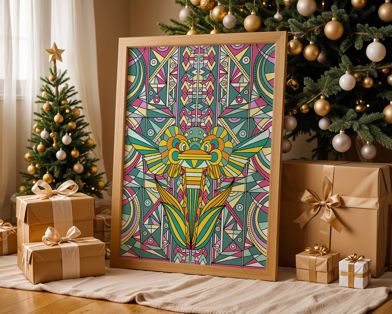 Elefante geométrico colorido con patrones abstractos