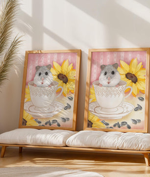 Hámster adorable en una taza de té con girasoles y semillas