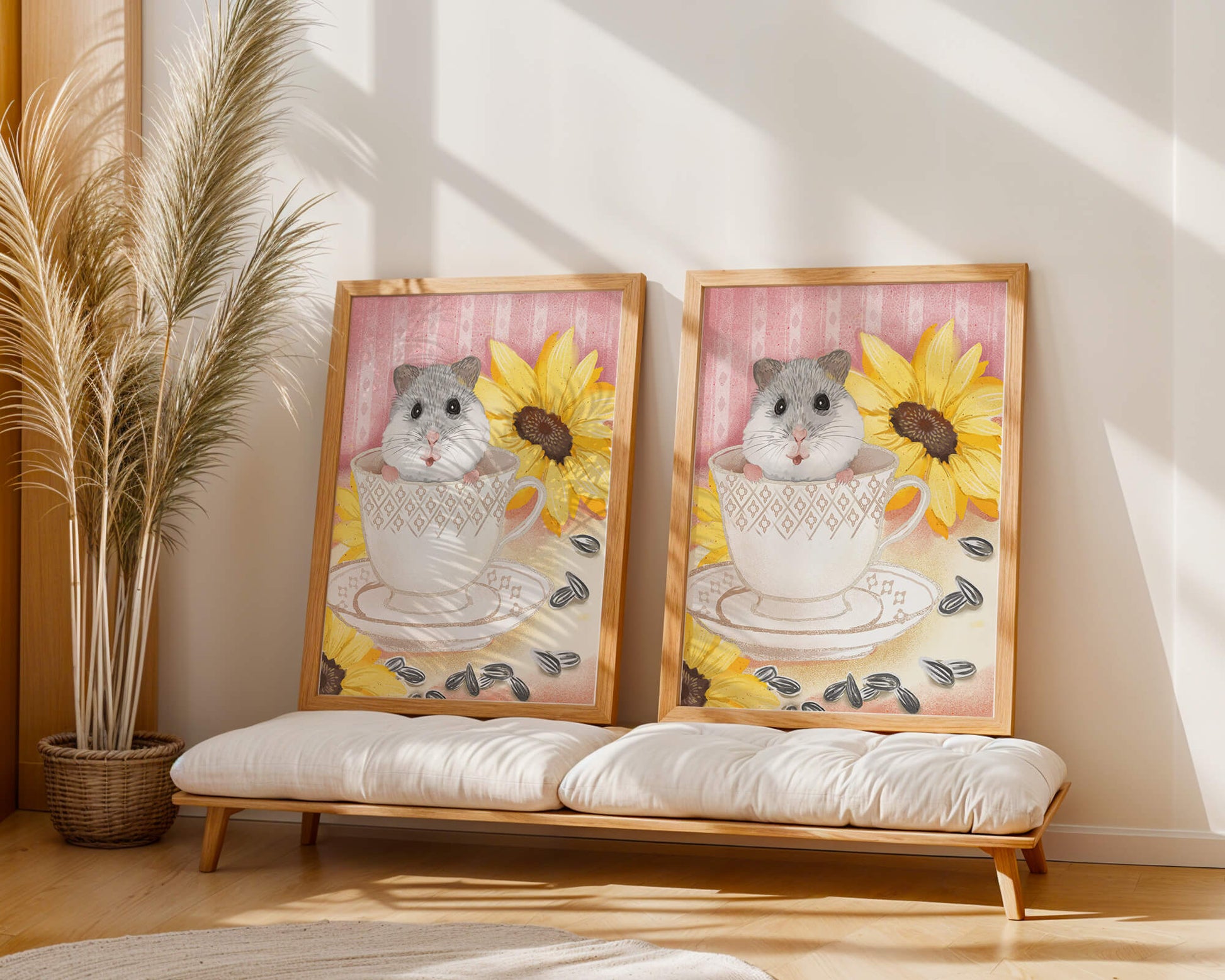 Adorable hamster in teacup with sunflowers and seeds