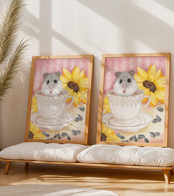Adorable hamster in teacup with sunflowers and seeds