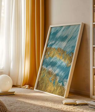 Pintura abstracta con textura dorada y fondo azul