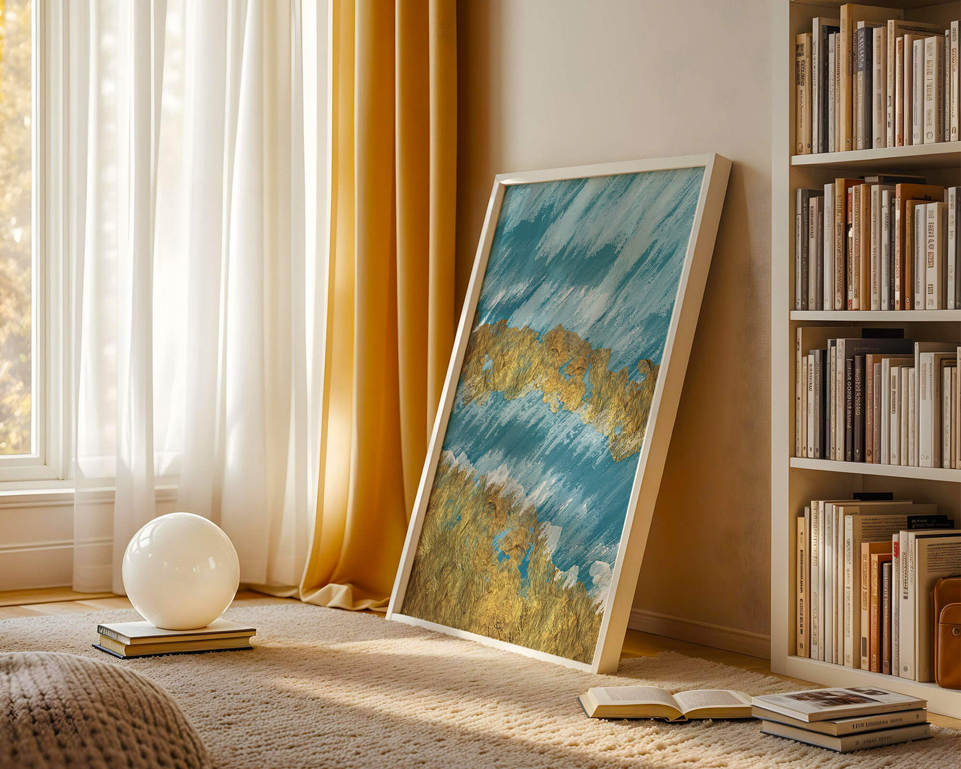 Abstract painting with gold texture and blue background