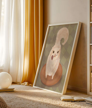 Illustration of fluffy cat with rose on a cushion