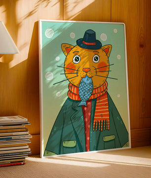 Gato caprichoso vestido con atuendo invernal colorido