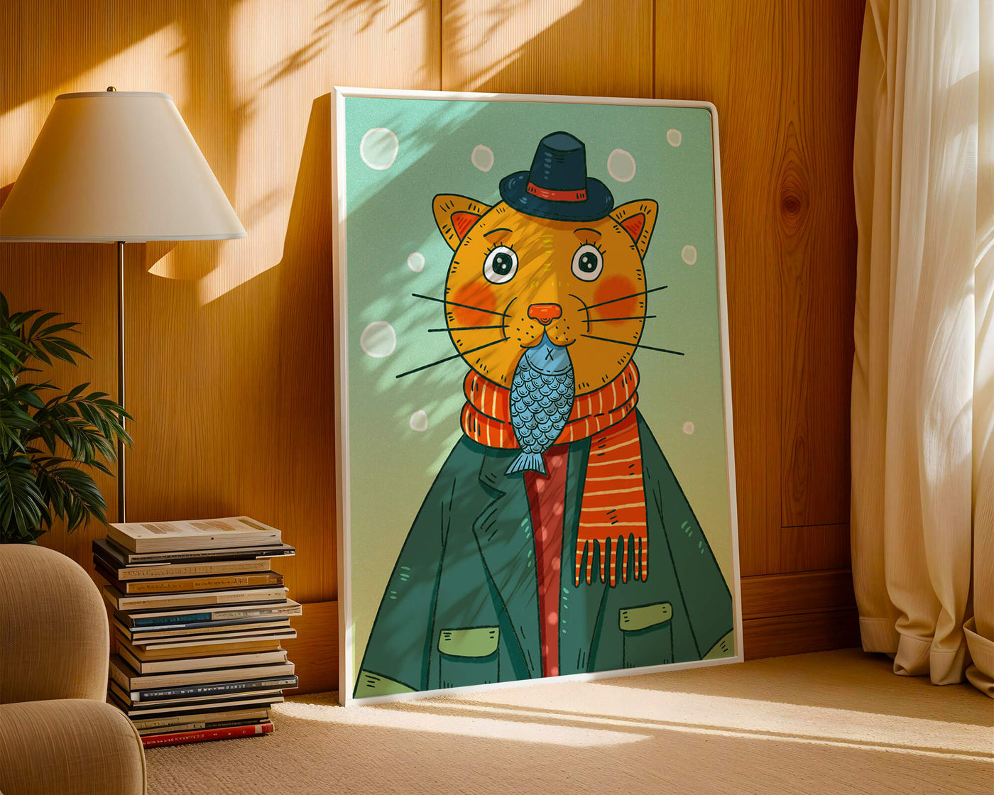 Whimsical cat dressed in colorful winter attire