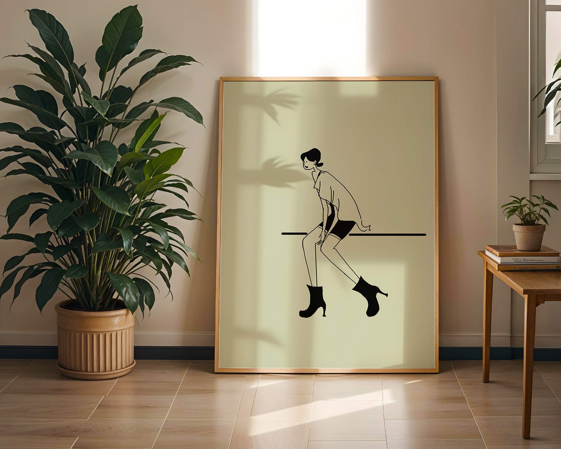 Schicke minimalistische Illustration einer sitzenden Frau in stylischen Stiefeln