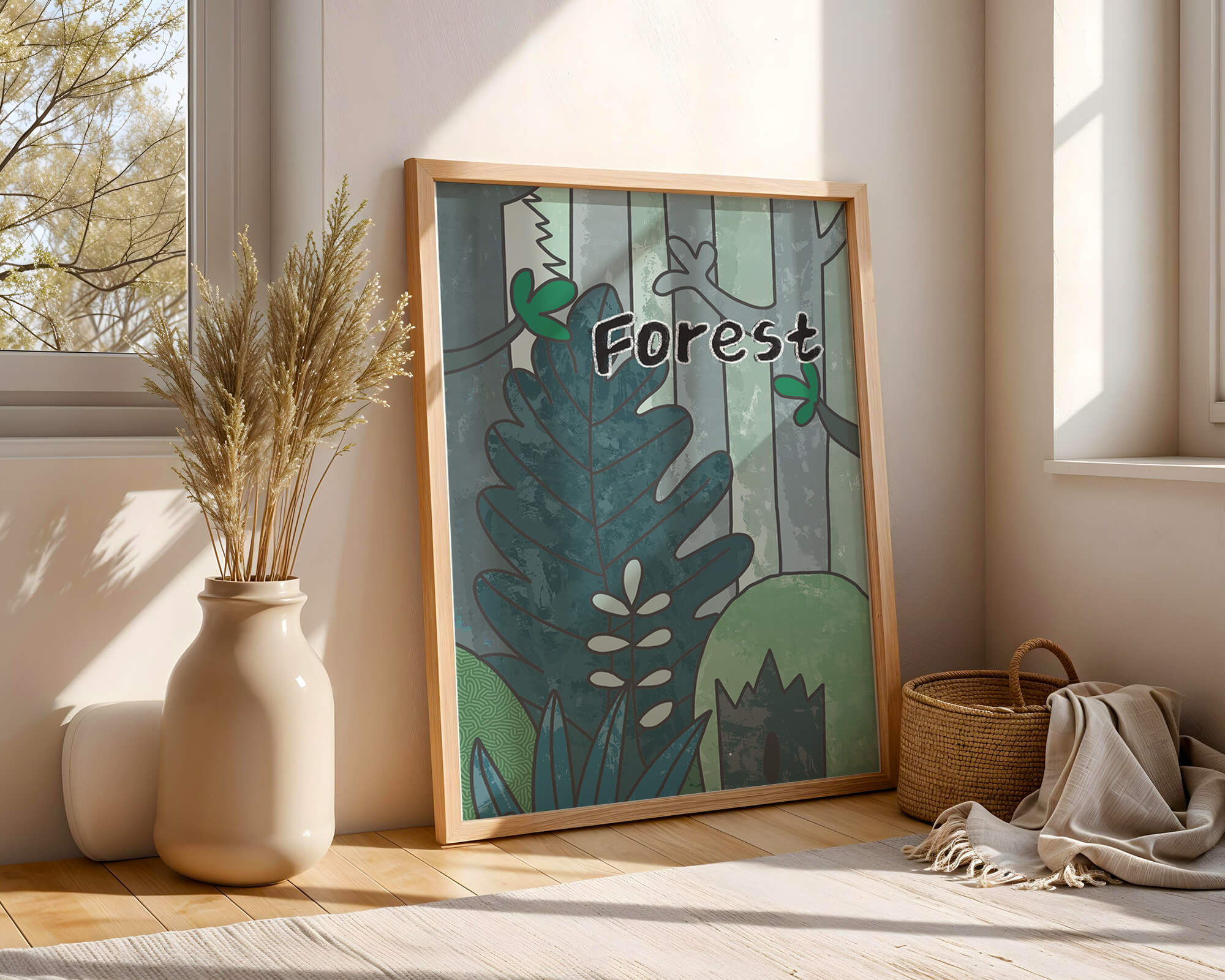 Illustrated forest scene with foliage and text
