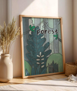 Illustrated forest scene with foliage and text