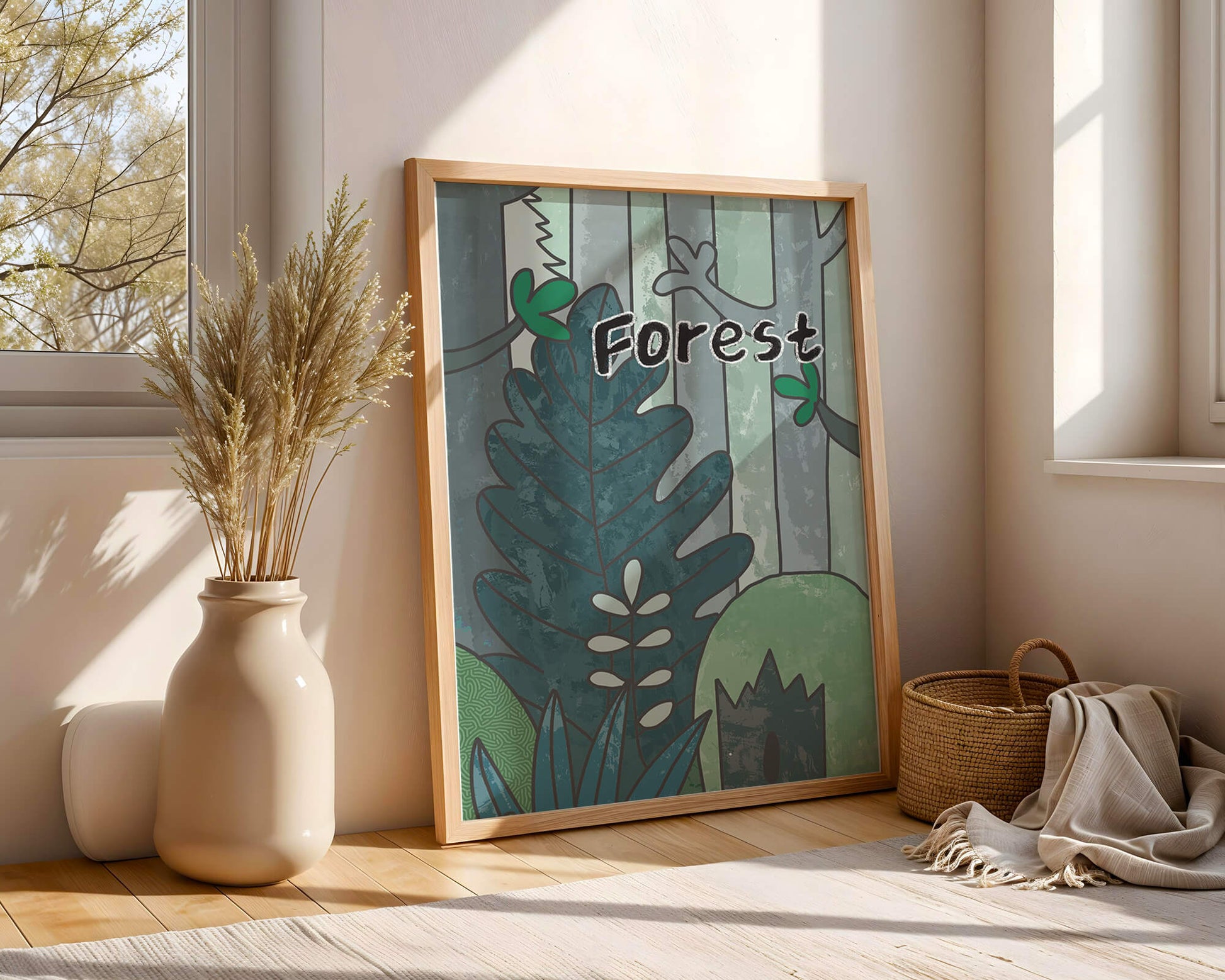 Illustrated forest scene with foliage and text
