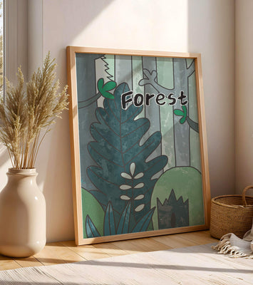 Illustrated forest scene with foliage and text
