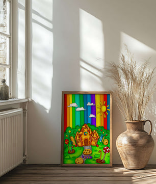 Whimsical candy house in a vibrant rainbow landscape