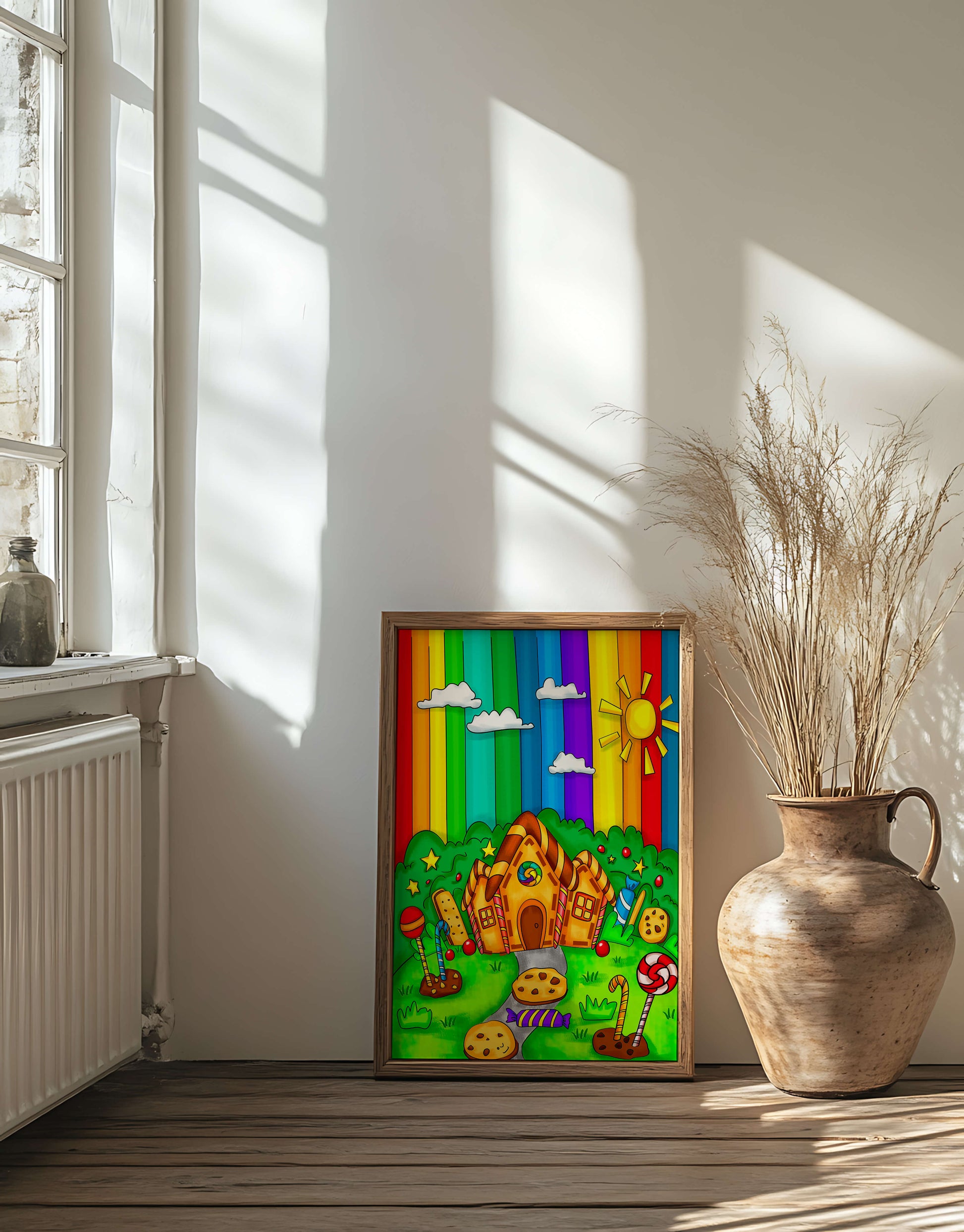 Whimsical candy house in a vibrant rainbow landscape