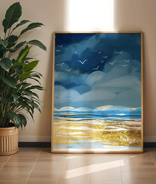 Meereslandschaft mit Vögeln in einer leuchtenden Blau- und Goldpalette