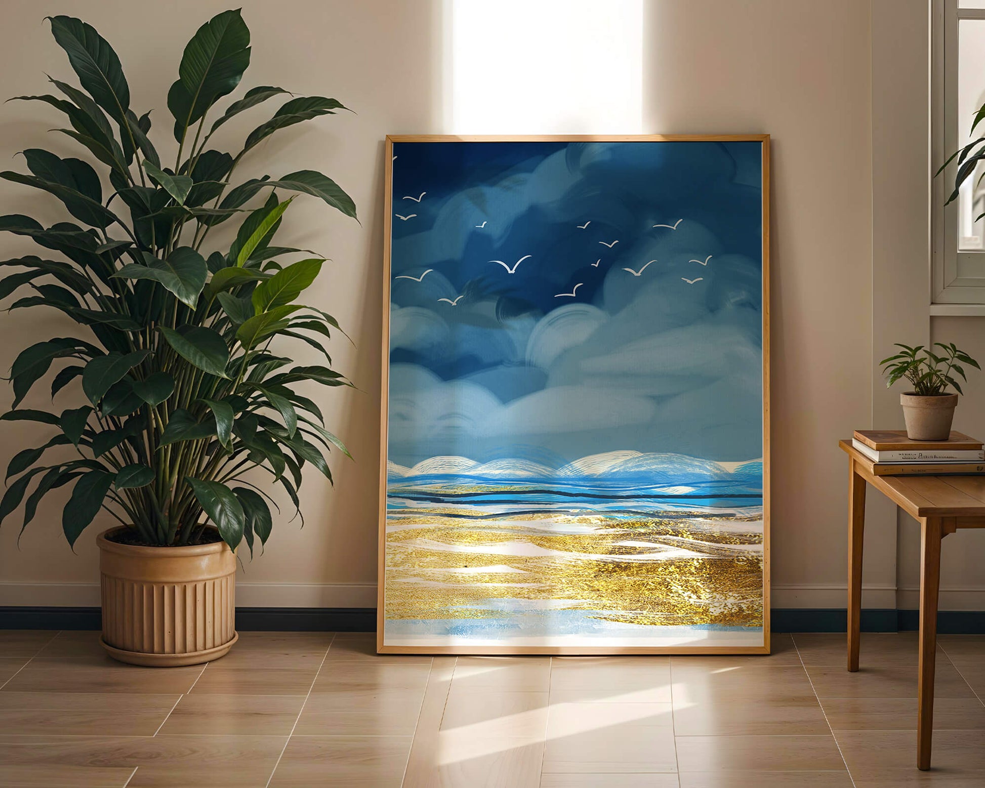 Seascape with Birds in a Vibrant Blue and Gold Palette